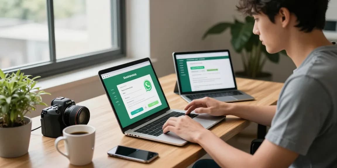 WhatsApp下載 process depicted in a modern tech workspace with user engaged on laptop and smartphone.