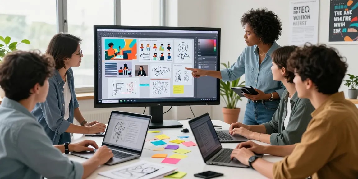 Team brainstorming on a digital mix board in a vibrant office space, showcasing collaboration and creativity.