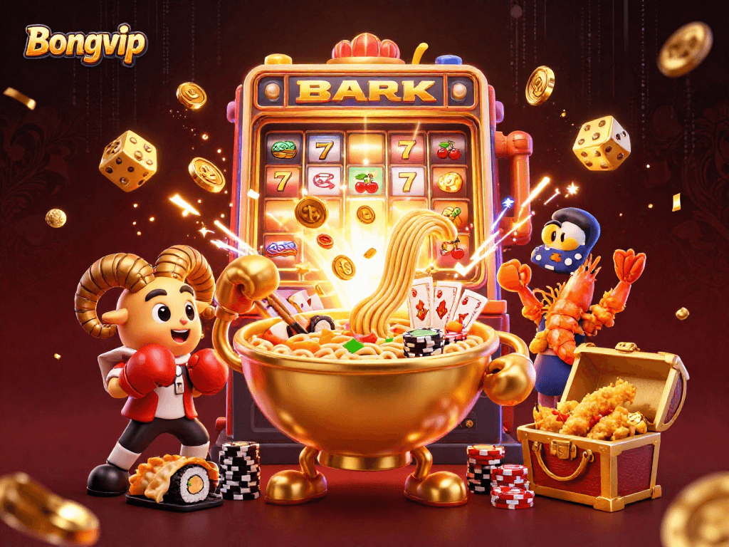Bongvip's dynamic casino scene features a golden ramen bowl and vibrant characters with a jackpot explosion.