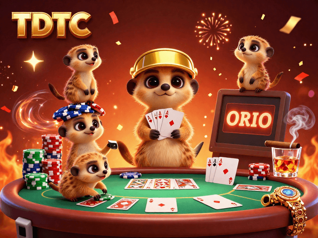 TDTC meerkats hosting a vibrant casino with colorful poker chips and festive confetti.