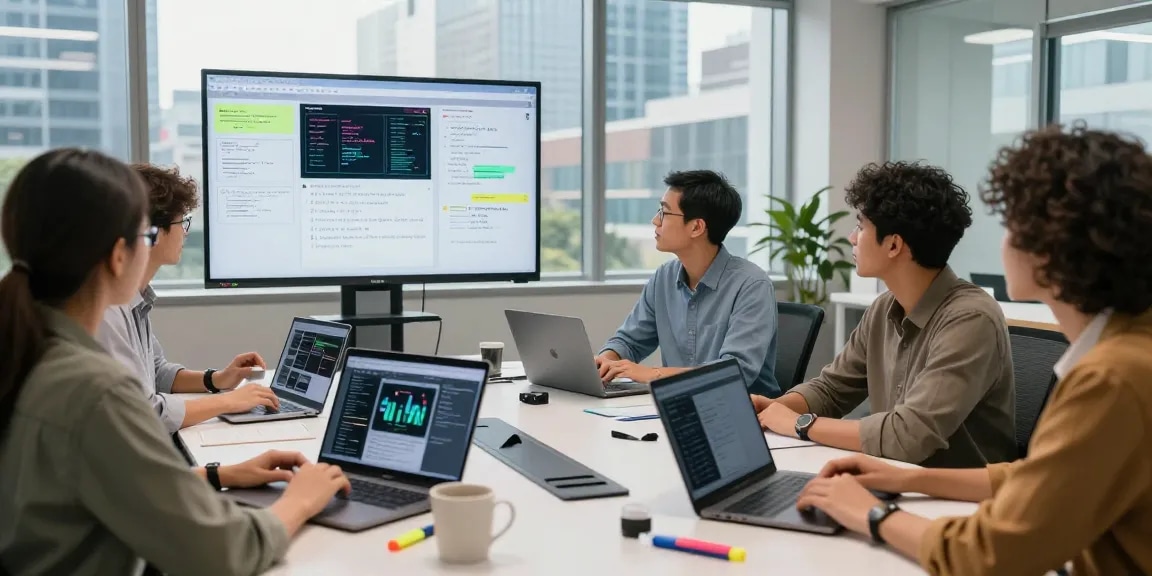 Collaboration scene with professionals exploring AI tools 2026 in a modern workspace, featuring laptops and data visualizations.