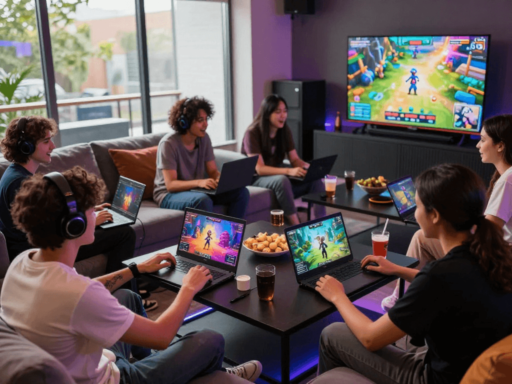 Friends enjoying interactive porn games in a cozy lounge setting with vibrant lighting.