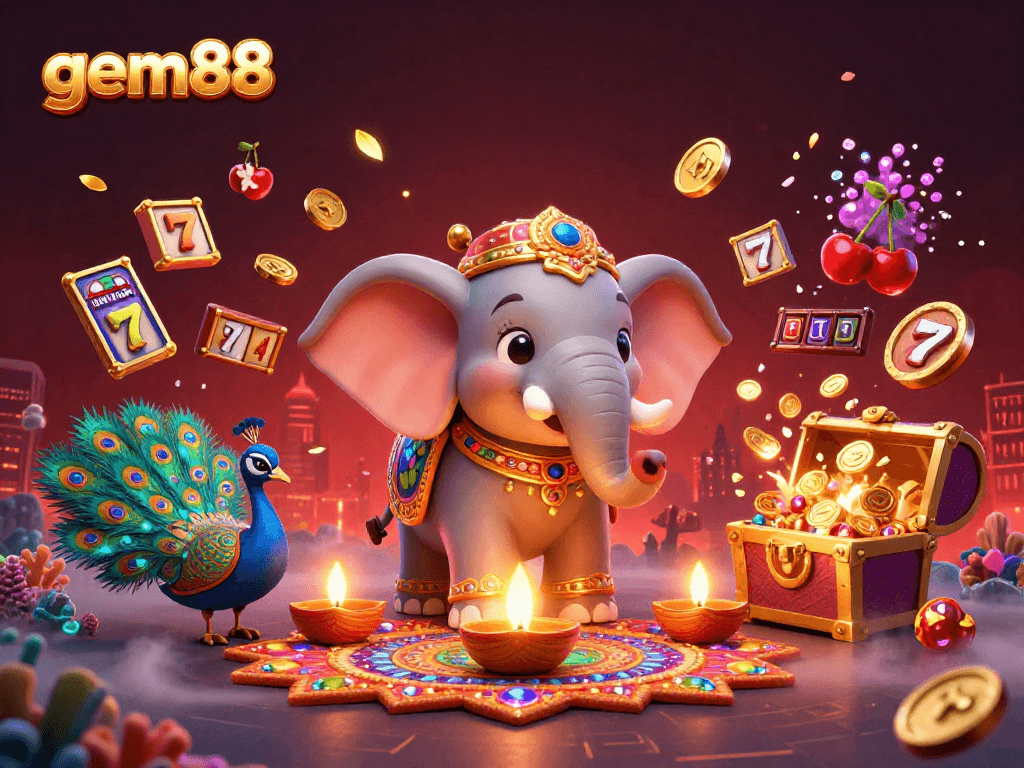 Bet on gem88 with vibrant 3D illustration of casino elements, Diwali-themed characters, and gem-filled treasures.