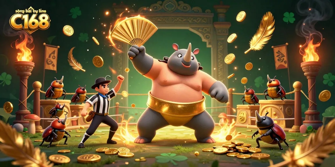 Experience immersive action at sòng bài trực tuyến C168 with vibrant gold coins flying as the beetle champion stomps in style.