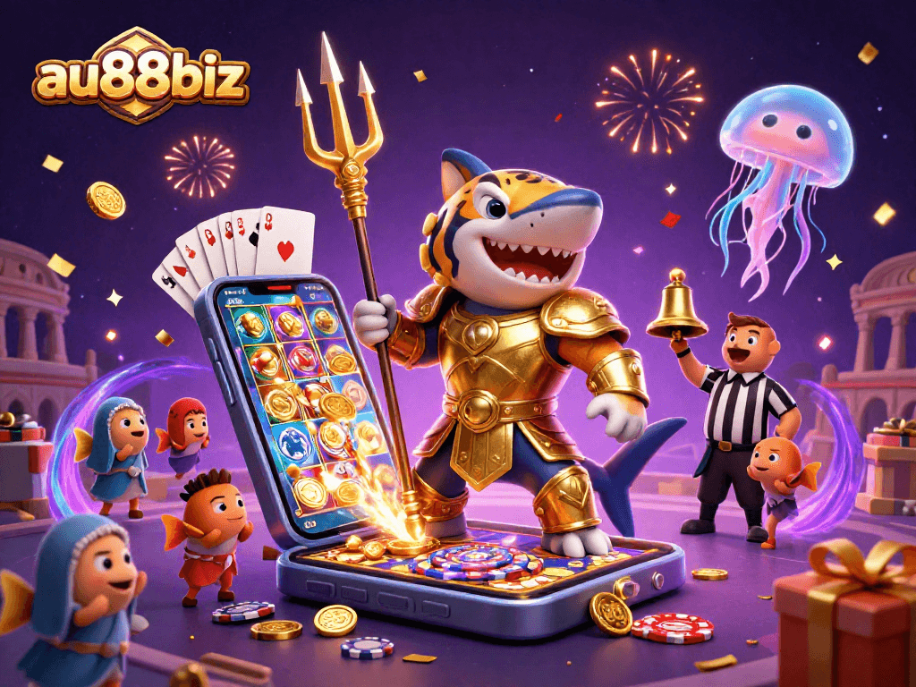 Experience thrilling fun with au88biz, featuring a shark gladiator and vibrant casino elements.