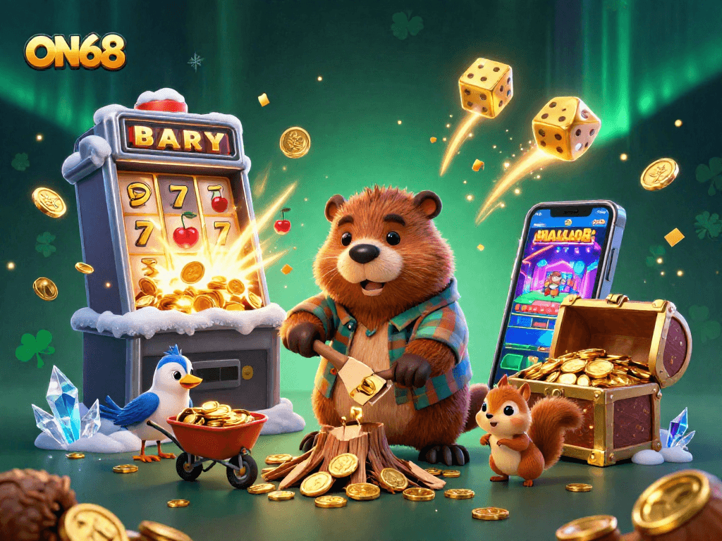 Experience winning excitement at ON68 with vibrant characters collecting gold coins and explosive jackpots.
