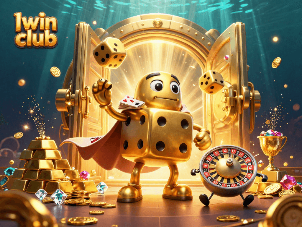 Iwin club invites you to experience thrilling gameplay in a vibrant 3D casino illustration packed with gold.