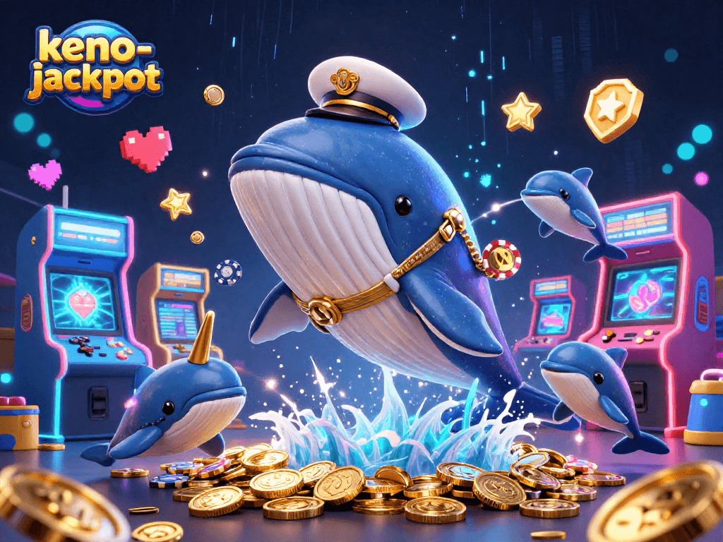 Experience the thrill of keno-jackpot with vibrant visuals of whales and dolphins celebrating wins.