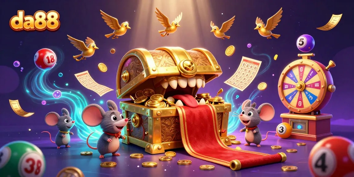 Engage with da88's vibrant casino-themed illustration of a charming treasure chest and lottery elements.