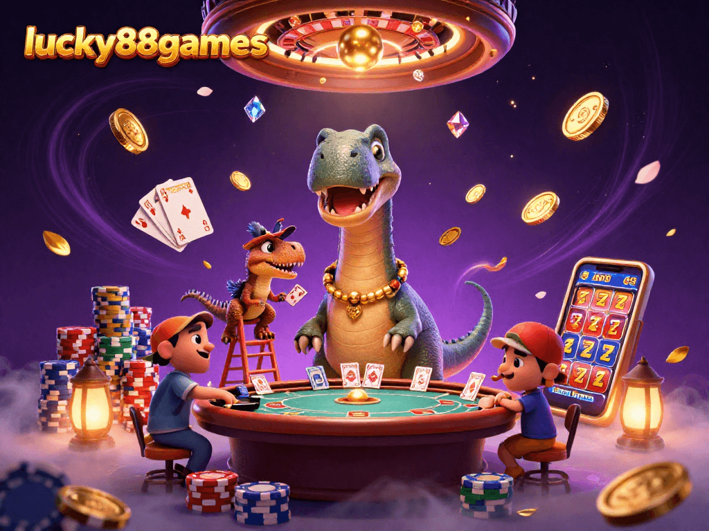 Experience the excitement of lucky88games with a fun-packed casino scene featuring a dinosaur and clever raptor dealing cards.
