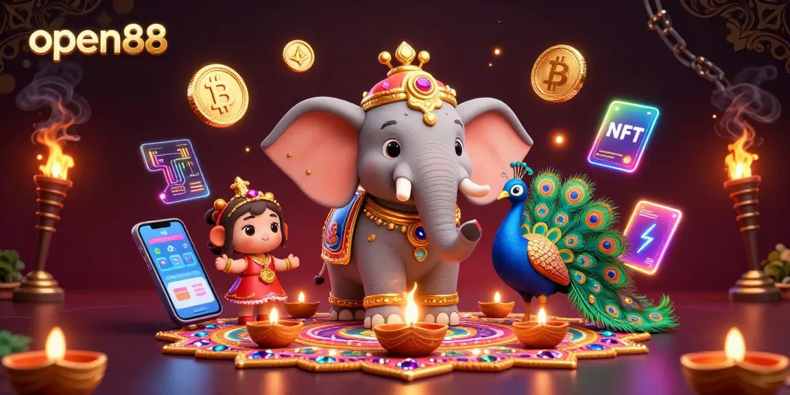 Experience the excitement of open88 with a vibrant 3D scene featuring a colorful elephant, peacock, and cryptocurrency elements.