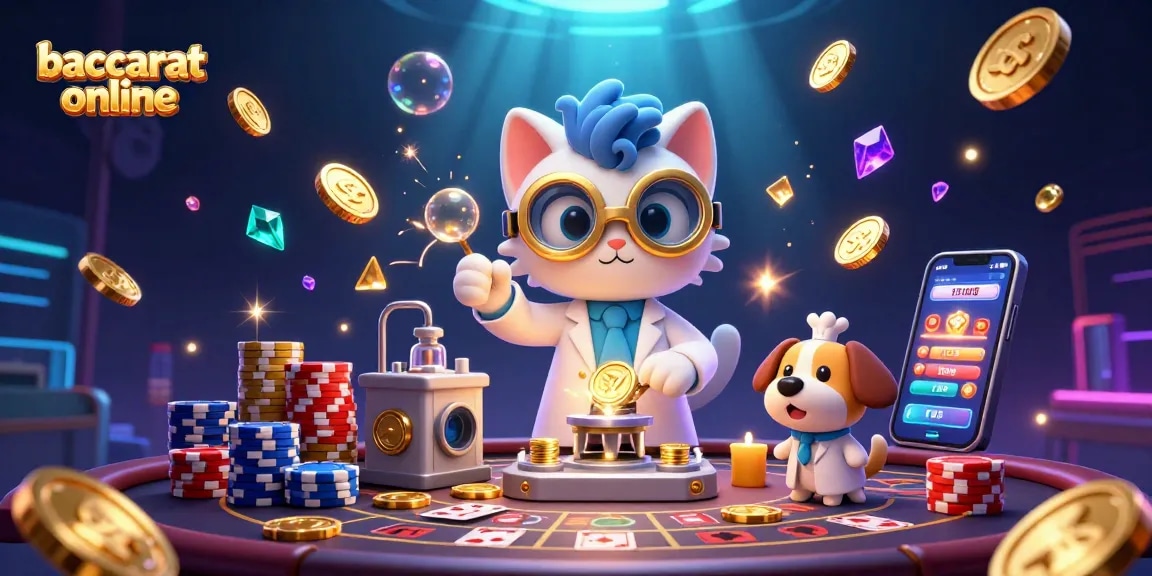 Baccarat online game comes alive as a mad scientist cat and assistant dog celebrate with cascading coins and vibrant casino elements.