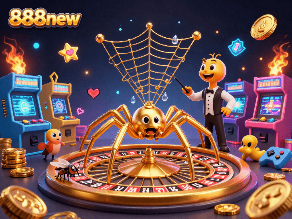 Experience the thrill of 888new as a golden spider spins a roulette wheel web amidst gaming excitement.