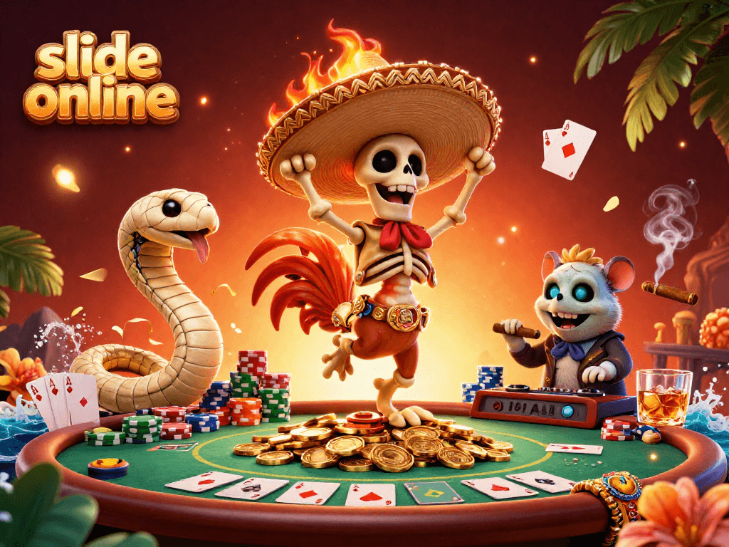 Experience the thrill of slide online with vibrant characters celebrating casino wins amidst a colorful poker scene.