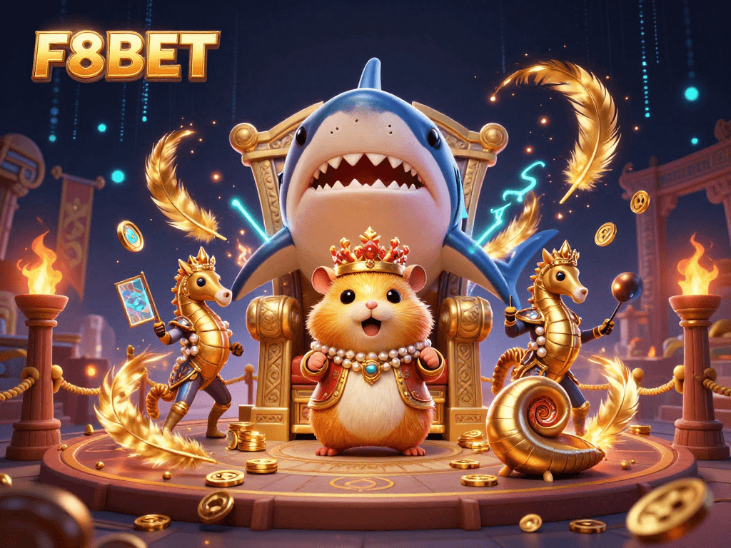 Experience the thrill of F8BET with 3D casino characters and elements swirling around in a vibrant scene.