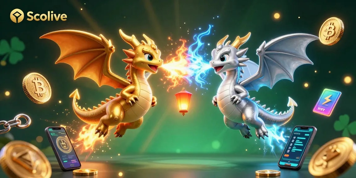 Socolive showcases an exciting battle between gold and silver dragons amidst a vibrant crypto landscape, signifying thrilling online gaming.