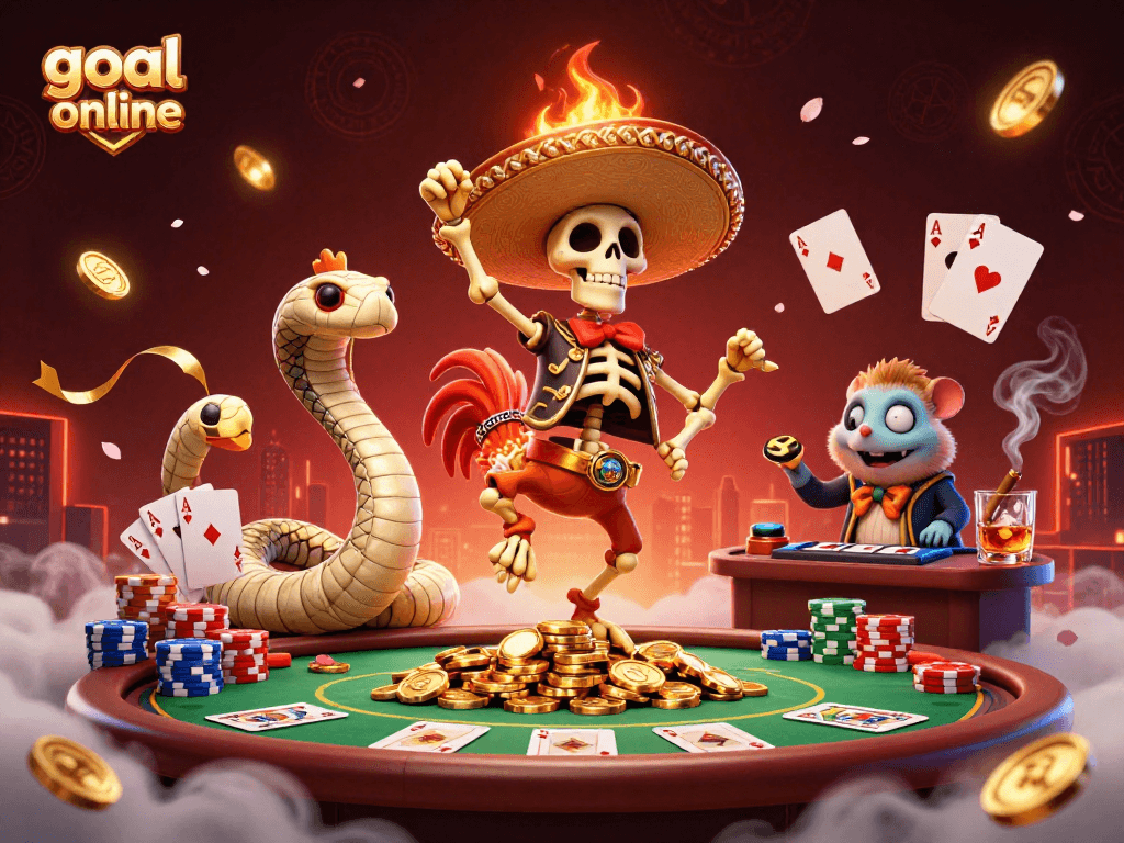Catch the excitement of goal online gaming with vibrant characters celebrating wins in a casino setting.