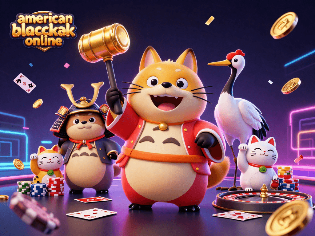 Experience the excitement of american blackjack online with colorful casino elements and cheerful tanuki characters