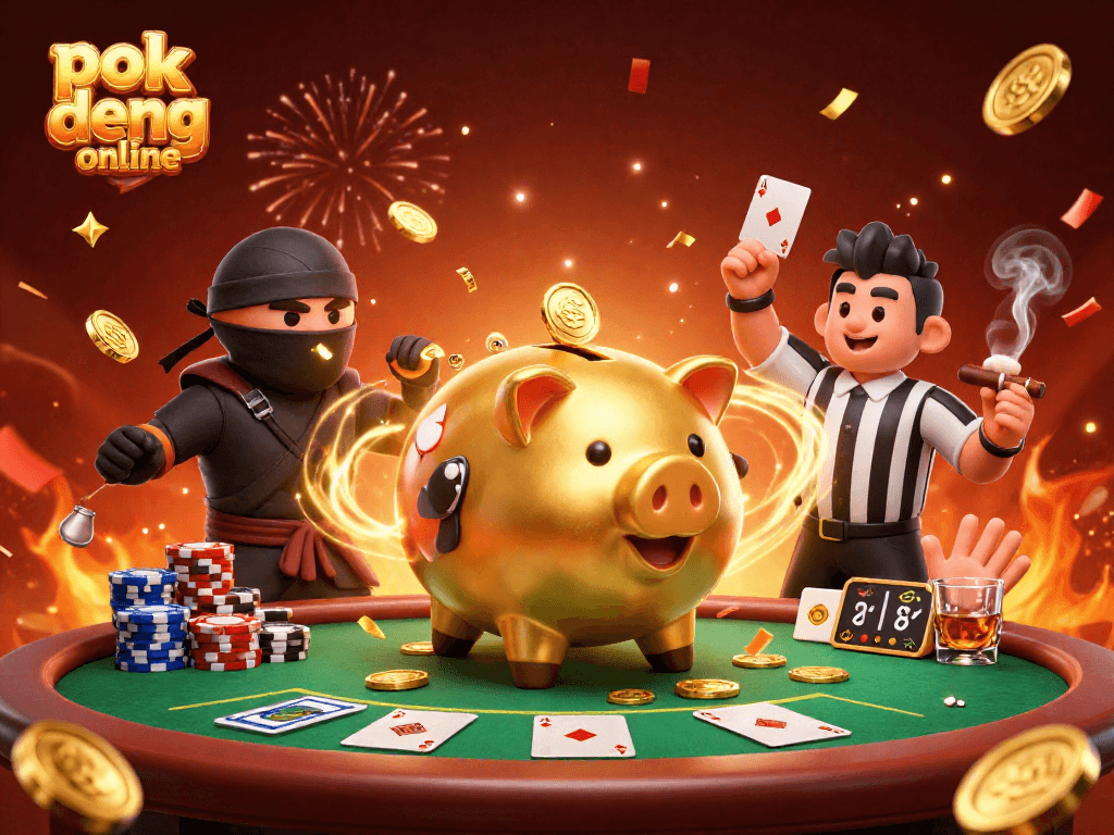 Win big with Pok Deng online as golden coins rain down from a lively gaming scene.