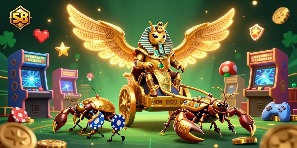 S8 casino experience showcasing vibrant gaming action with a golden scarab beetle, scorpions, and dynamic game elements.