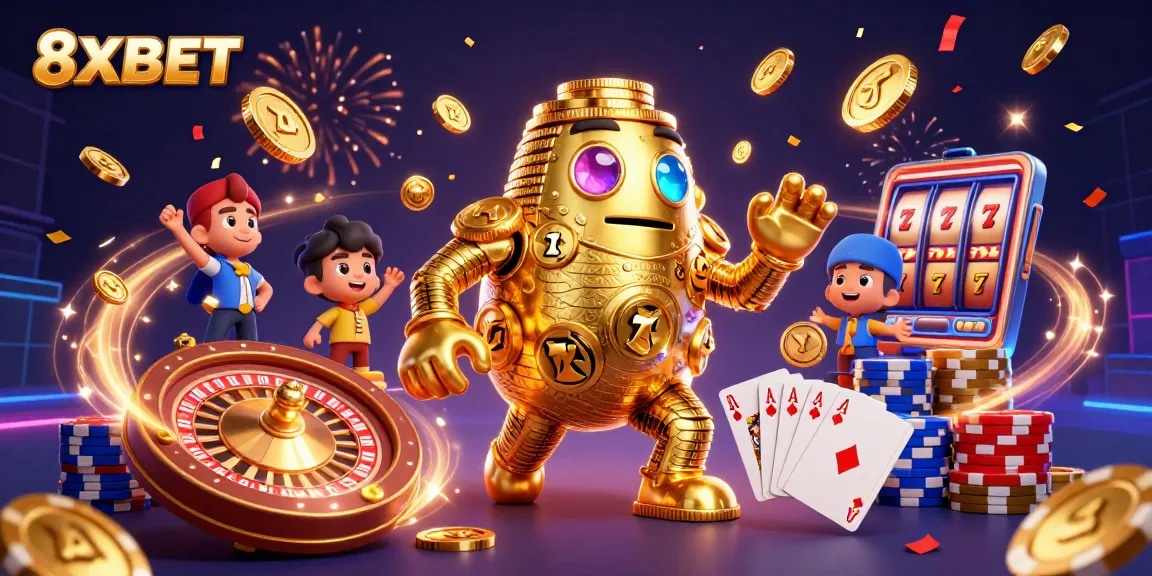 Engage in thrilling casino fun at 8XBET with an energetic illustration showcasing classic casino elements.