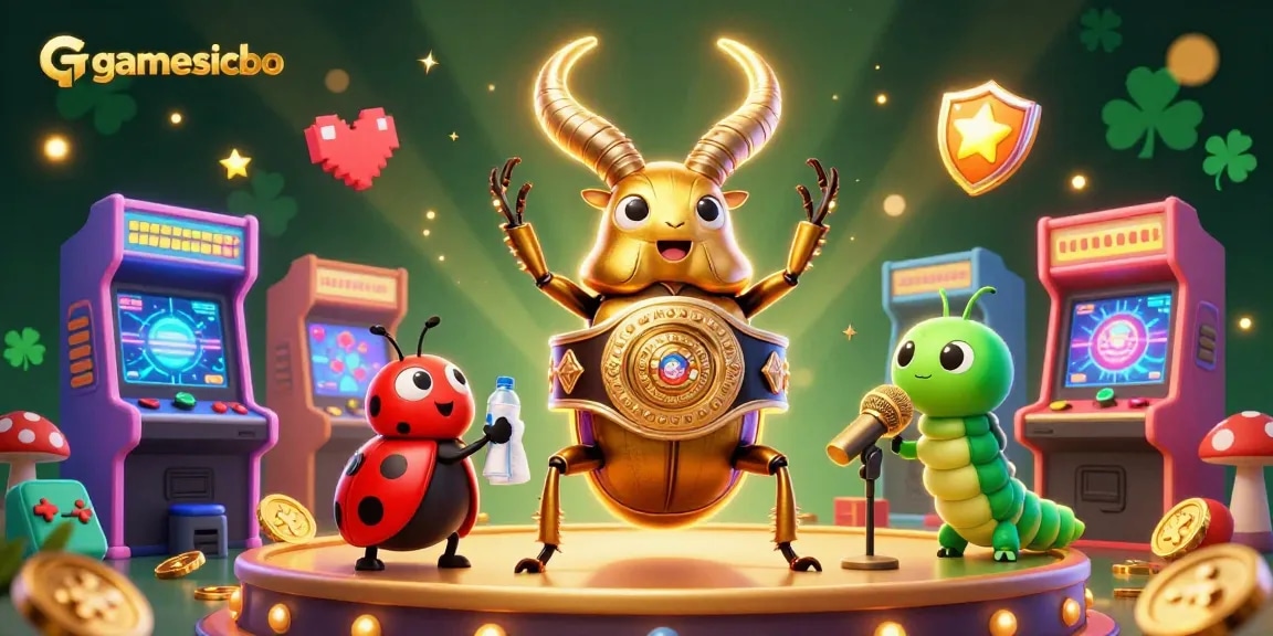 Join the excitement of gamesicbo with a colorful cartoon illustration of a golden stag beetle boxing ahead of arcade machines.