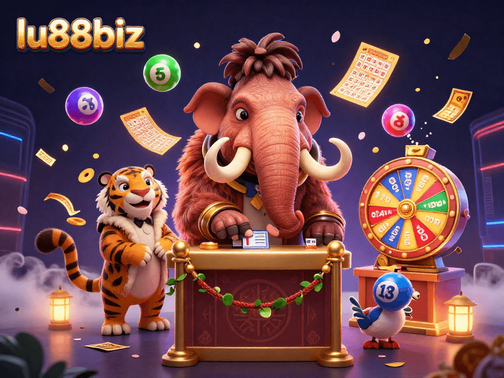 Join the excitement at lu88biz with a vibrant 3D casino scene showcasing colorful games and characters.