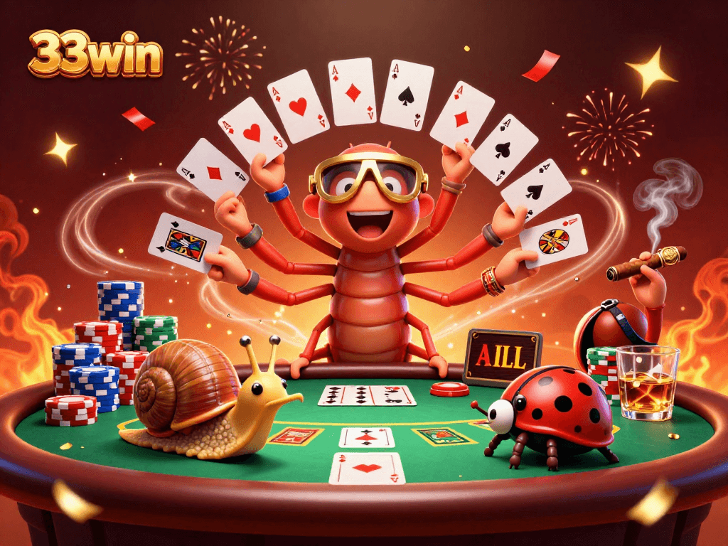 Experience winning moments at 33win with animated casino characters at an exciting poker table.
