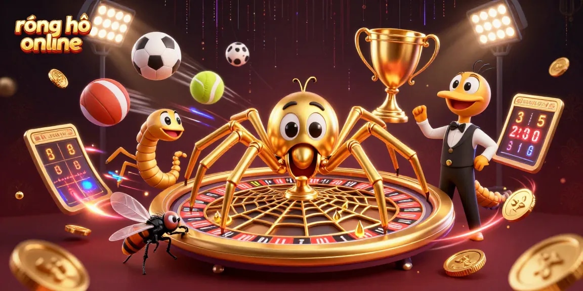 Engage in thrilling rồng hổ online action as a charming spider spins a roulette wheel, surrounded by dynamic gaming elements.