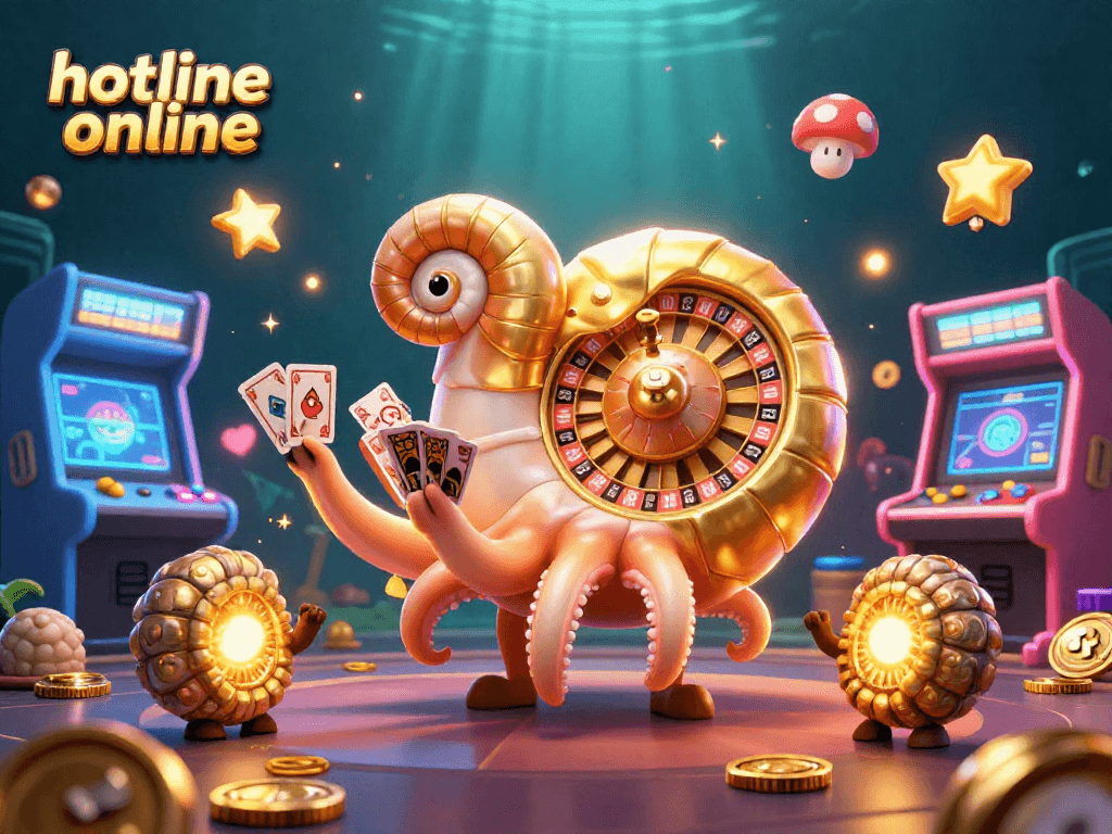 Engage with hotline online for thrilling gaming experiences, featuring a dynamic 3D nautilus and casino elements.