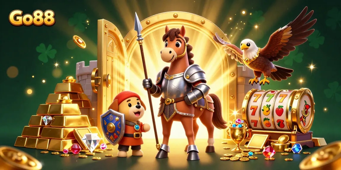Engage in thrilling gameplay at Go88 with a knight, squire, and falcon among treasures and slot reels.