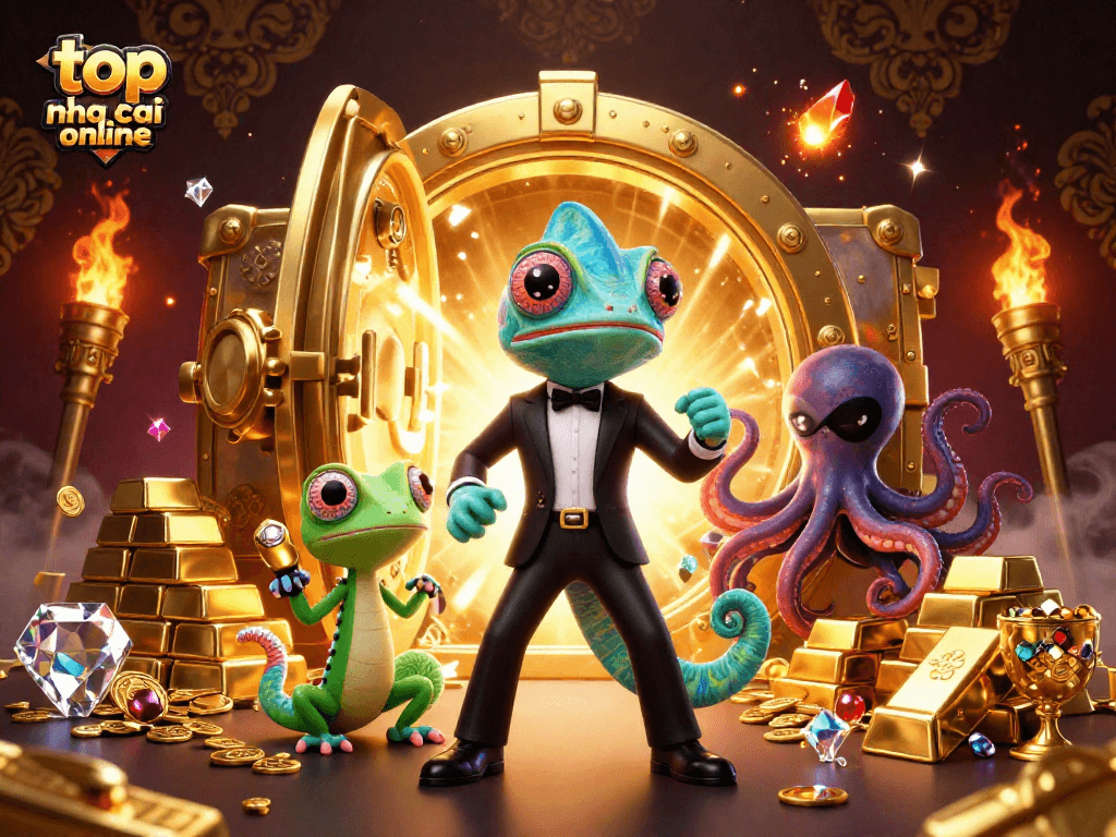 Engage with top nha cai online featuring vibrant 3D illustration of colorful characters around dazzling casino elements.