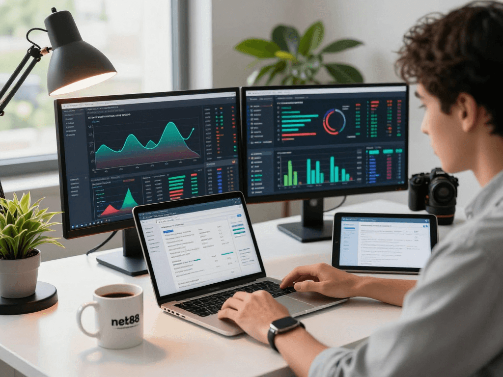 Digital marketing workspace showcasing net88 analytics tools on modern desk with vibrant plants and laptops.