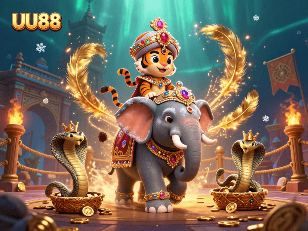 Experience immersive gaming at UU88 with a regal maharaja illustration amidst vibrant casino elements.