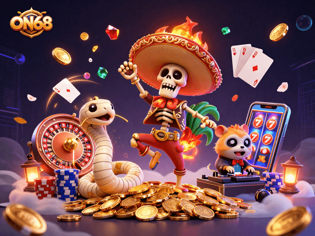 Experience excitement with ON68 featuring a cartoon mariachi rooster and vibrant casino elements.