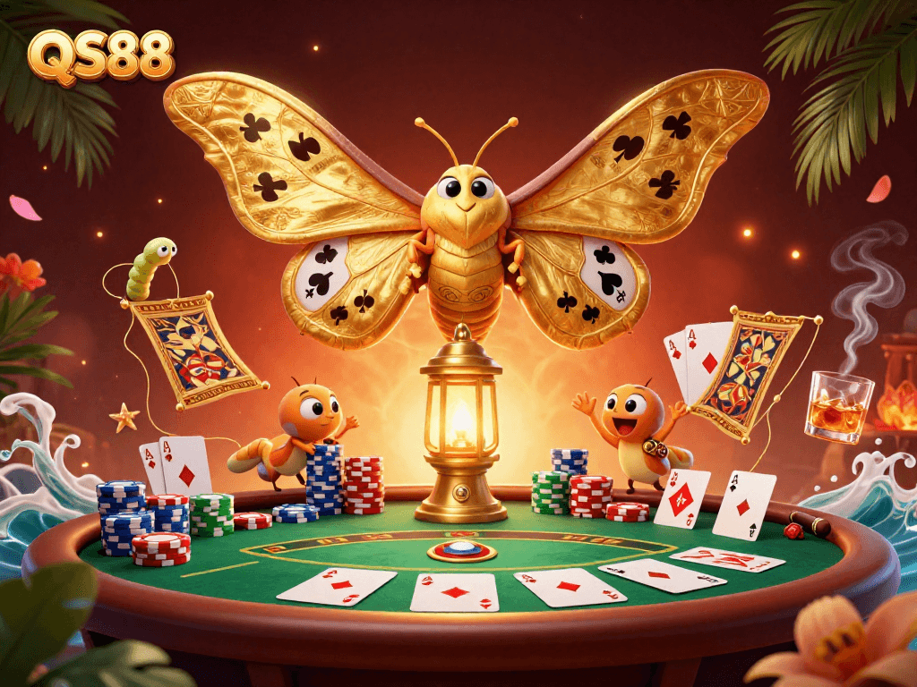 Engage with the vibrant world of QS88 featuring a majestic atlas moth and rich casino elements