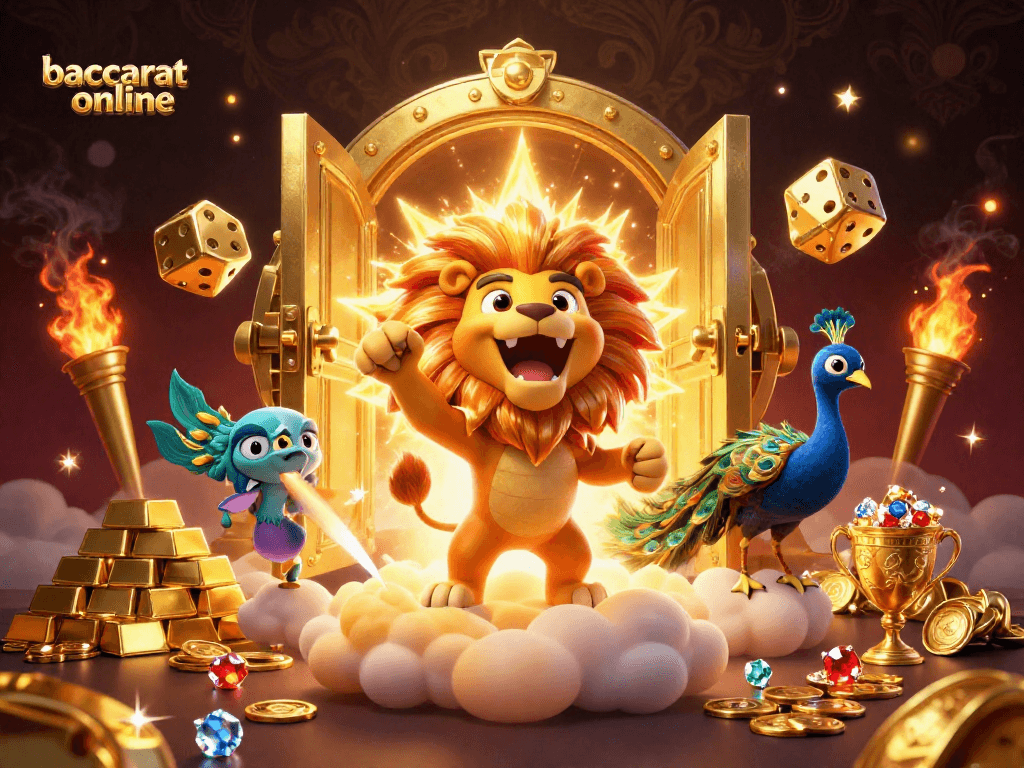Experience baccarat online thrills with an illustrated scene of luxury casino elements and vibrant characters.