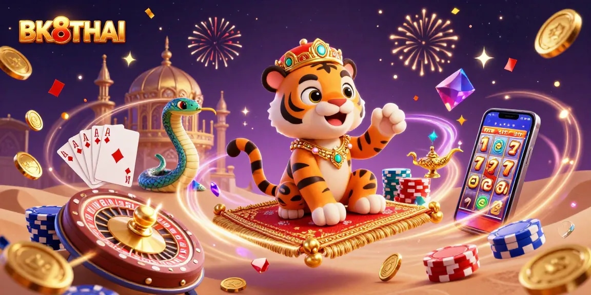 Engage with BK8THAI in a vibrant 3D casino adventure featuring a sultan, sparkling gems, and a roulette wheel.