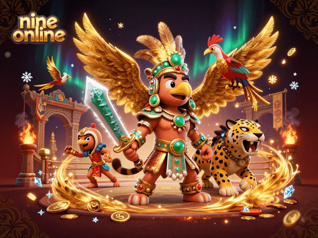 Experience the thrilling action of nine online with dynamic Aztec warriors and vibrant casino elements.