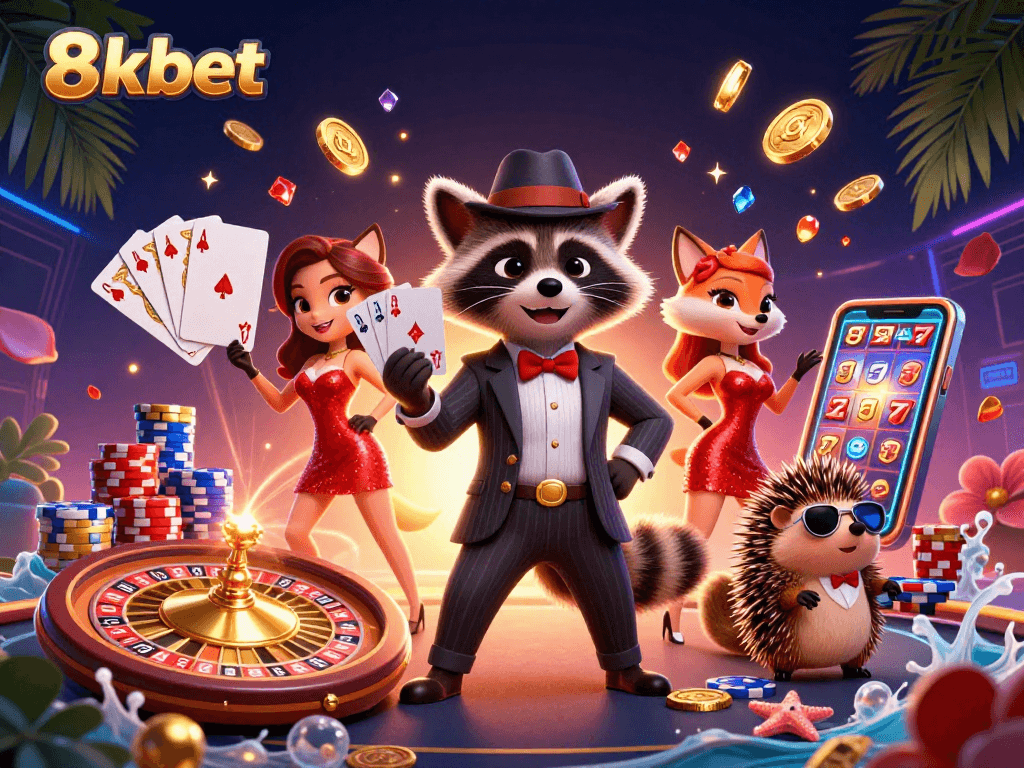 Experience thrilling wins at 8xbet with charming characters and vibrant casino elements in this dynamic illustration.