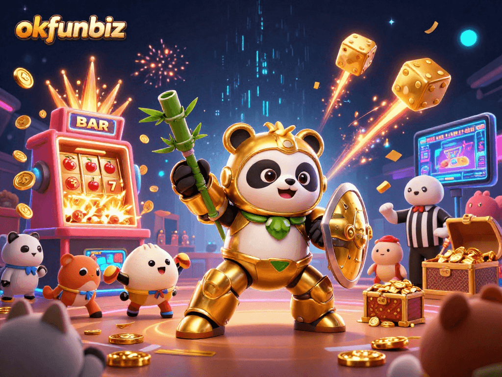 Experience the vibrant thrills of okfunbiz with a dynamic 3D casino game illustration.