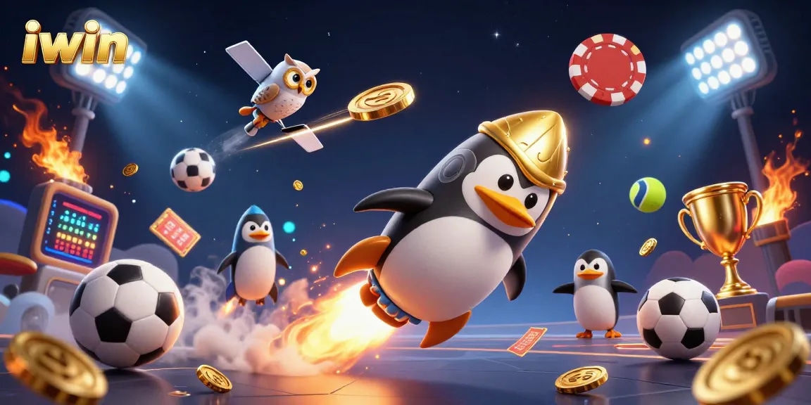 Experience thrills at iwin with a golden penguin racing towards a dynamic casino!