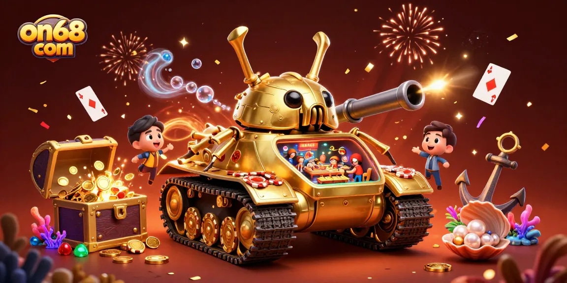 Experience the excitement of on68 com with a vibrant 3D illustration showcasing a mini casino and playful game elements.