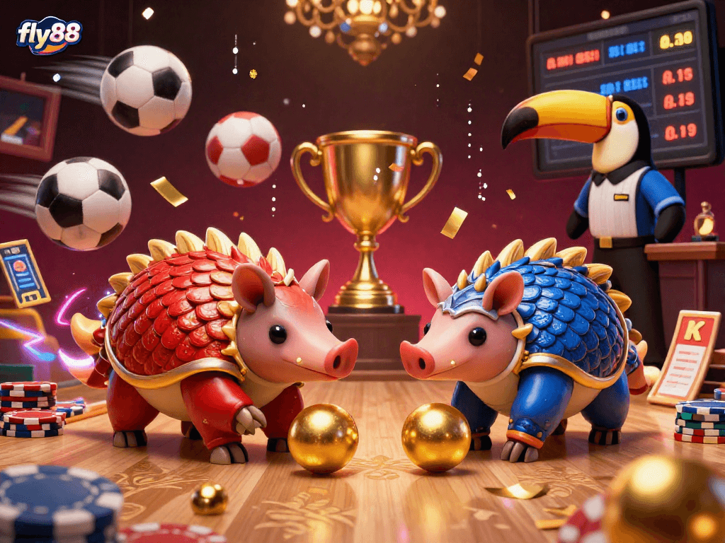Experience exciting gaming at fly88 with rival pangolins rolling through poker chips in a vibrant casino scene.