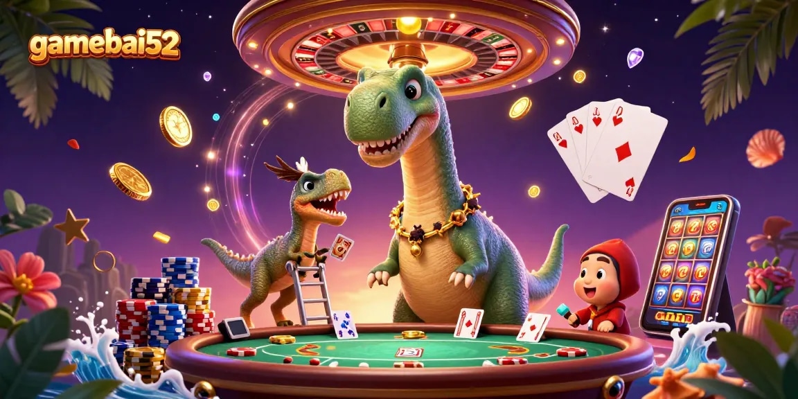 Experience gamebai52 excitement with a lively 3D casino scene featuring unique characters and dynamic game elements.