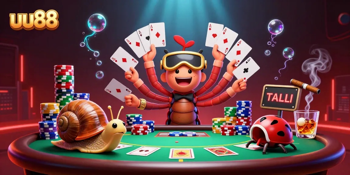 Experience the excitement of uu88 casino with a lively scene featuring a cartoon dealer, high-roller snail, and chip stacks.