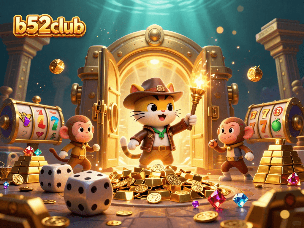 B52club cat archaeologist uncovers treasure in vibrant casino scene filled with jewels and gameplay elements.