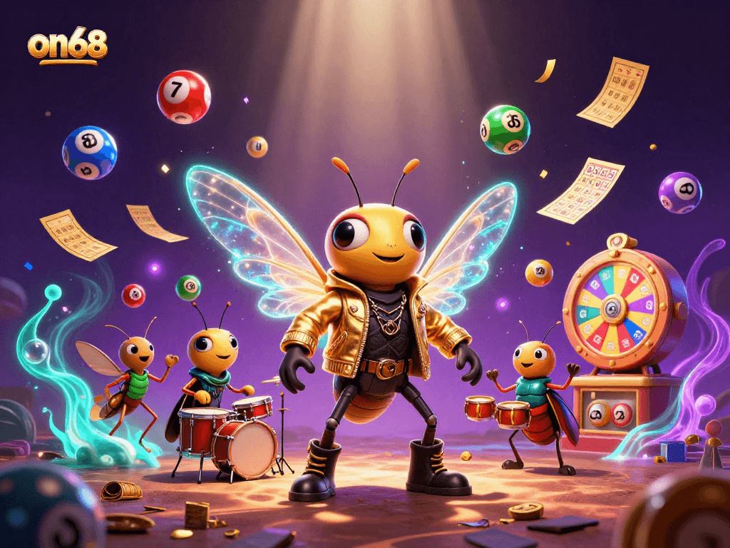 Experience the excitement at on68 with vibrant 3D characters and gambling elements in a dynamic casino scene.