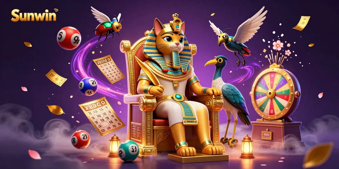 Experience vibrant game dynamics with sunwin's animated lottery scene featuring a pharaoh cat.
