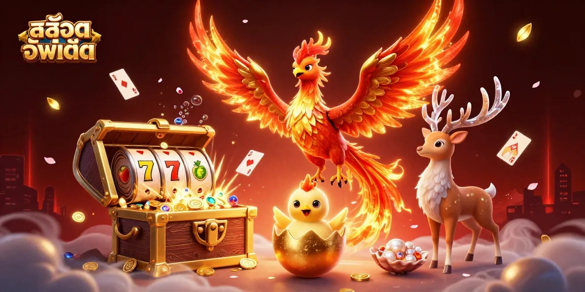 Slots updates featured with สล็อตอัพเดท in a vibrant 3D illustration showcasing dynamic game elements and characters
